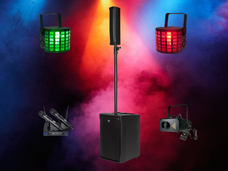 Festpaket 1 med RCF EVOX JMix8, två trådlösa mikrofoner, discoljus och rökmaskin
