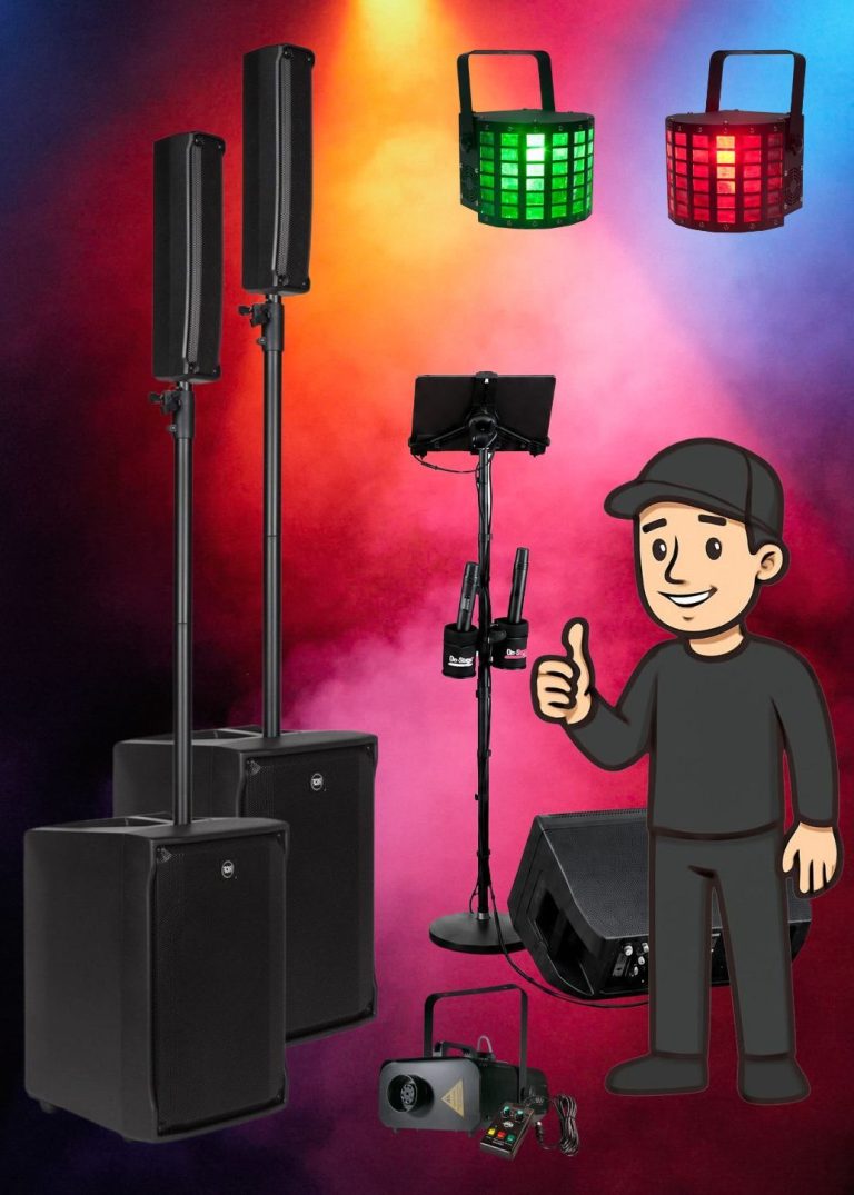 Komplett karaokepaket med två RCF EVOX JMix8, trådlösa mikrofoner, surfplatta, golvmonitor och festbelysning.
