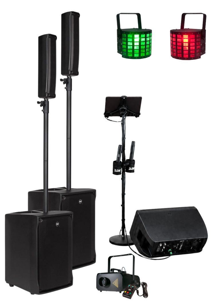 Karaokepaket med två RCF EVOX JMix8-system, surfplatta, trådlösa mikrofoner, golvmonitor och festljus för upp till cirka 150 gäster.