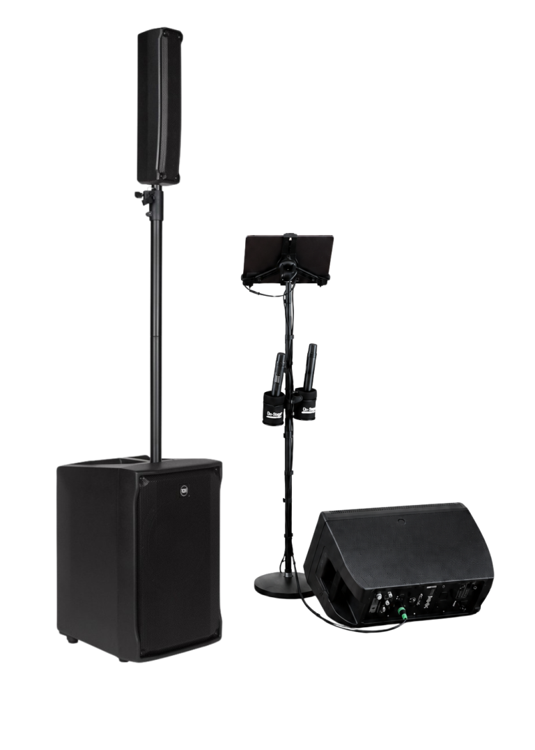 Karaokepaket med RCF EVOX JMix8, surfplatta, två trådlösa mikrofoner och golvmonitor för upp till cirka 50 gäster.