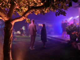 Färgad belysning vid entrén till en fest