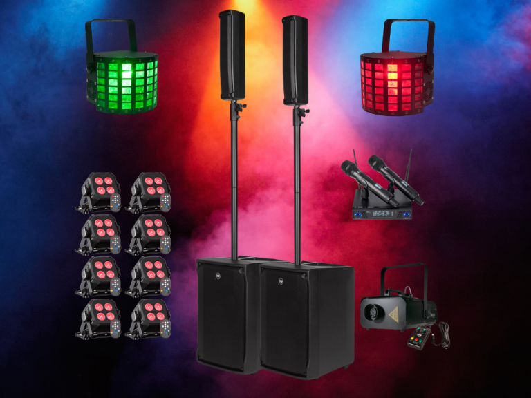 Festpaket 2 med två RCF EVOX JMix8-högtalarsystem, trådlösa mikrofoner, discoljus, uplights och rökmaskin